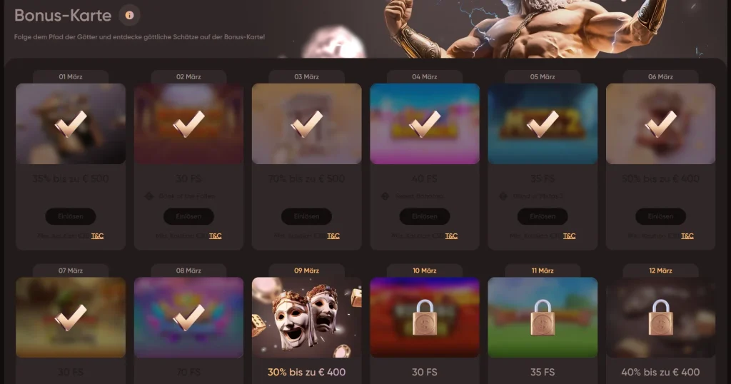 Ludios Casino Bonus Karte mit täglichen Bonusfeldern und Freispiele Belohnungen