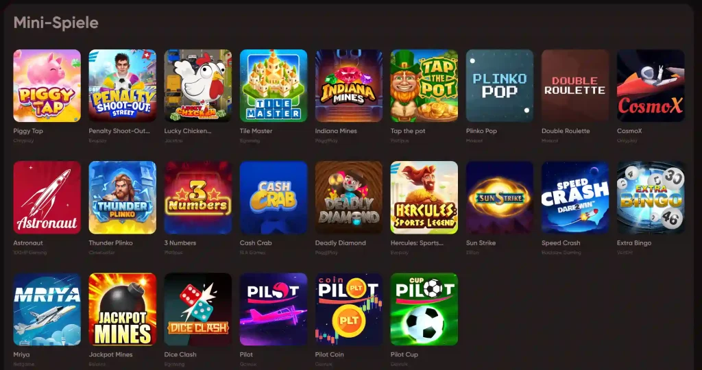 Ludios Casino Mini Spiele Bereich mit Crash Games, Plinko und weiteren Minigames