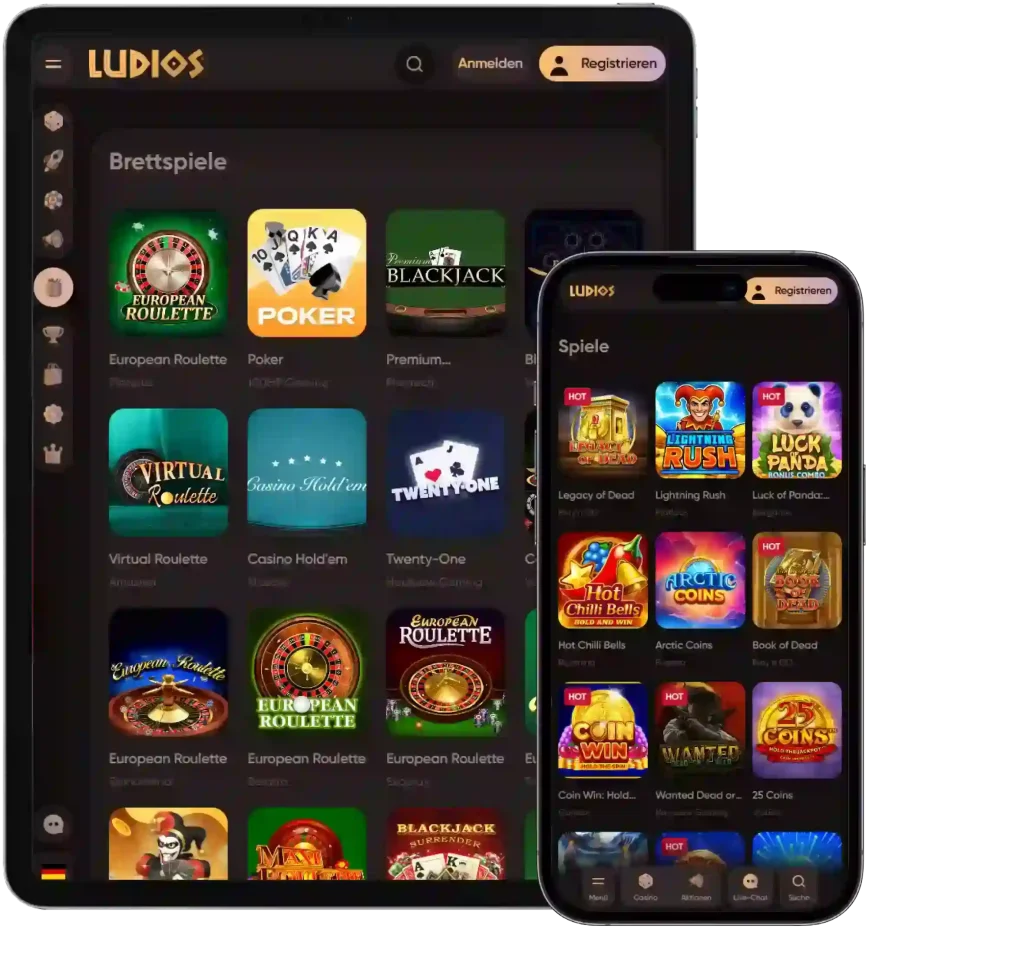 Ludios Casino mobile Version mit Spieleauswahl auf Smartphone und Tablet