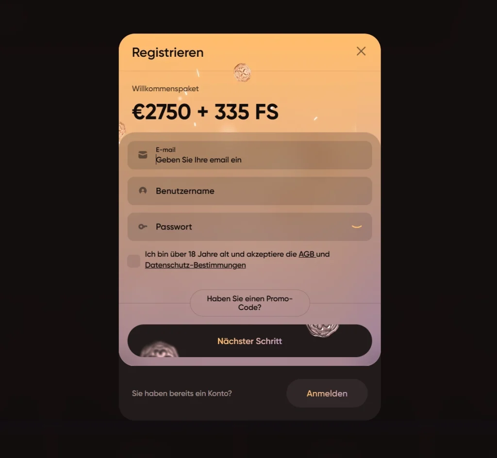 Ludios Casino Registrierung Fenster mit Willkommensbonus von 2750 Euro und 335 Freispiele